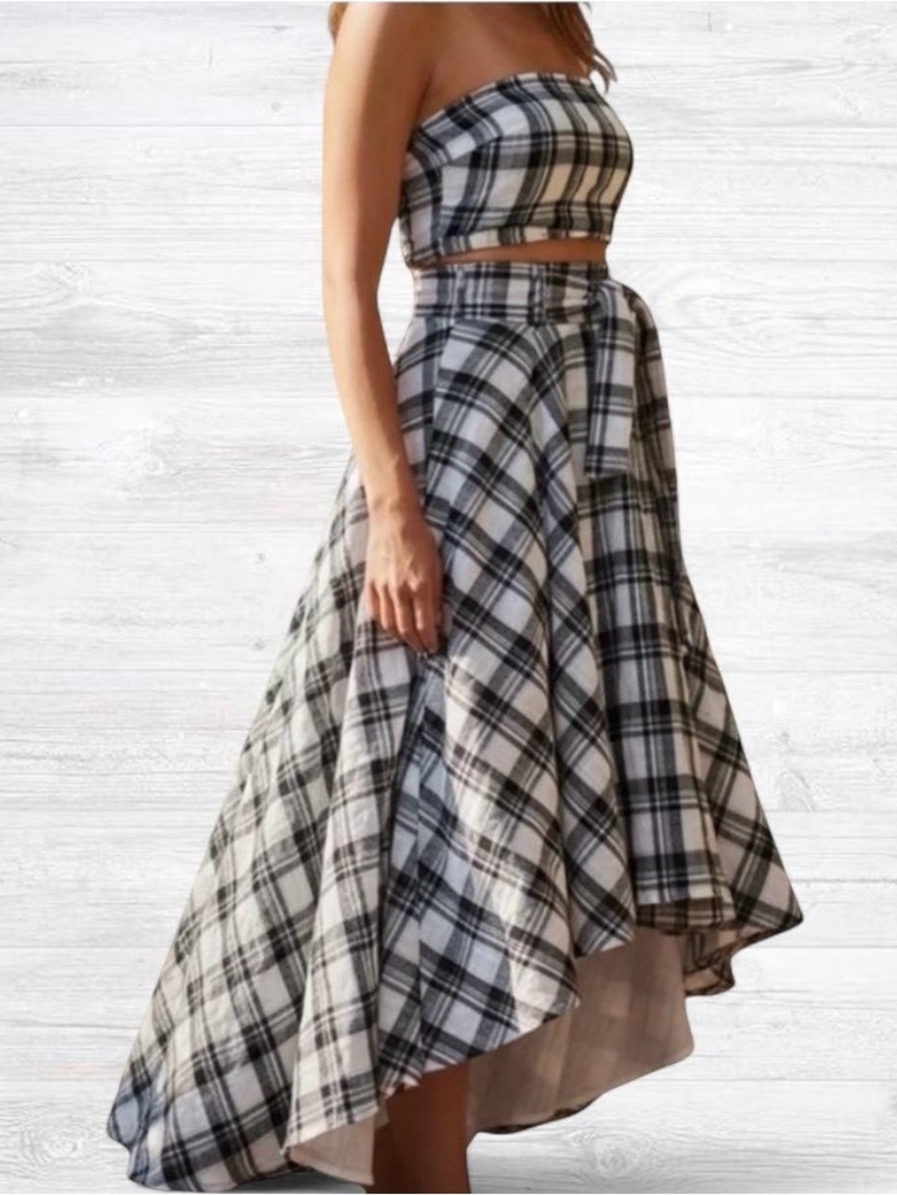 Free People Black & White Plaid High-Low Maxi Skirt